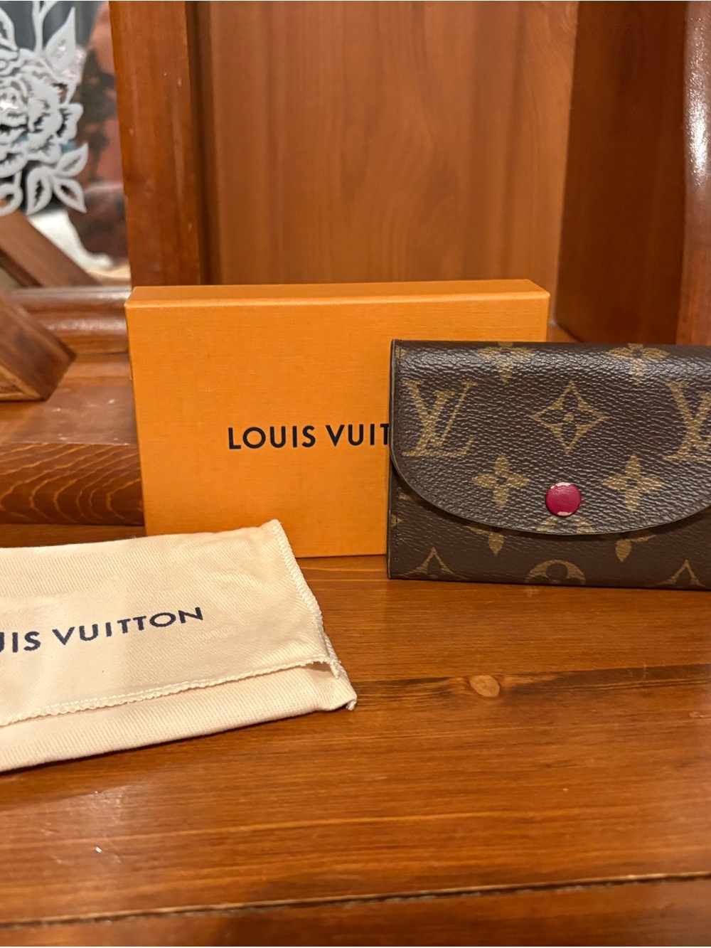 Louis Vuitton Monogram Compact Wallet in Brown with Pink Snap Button